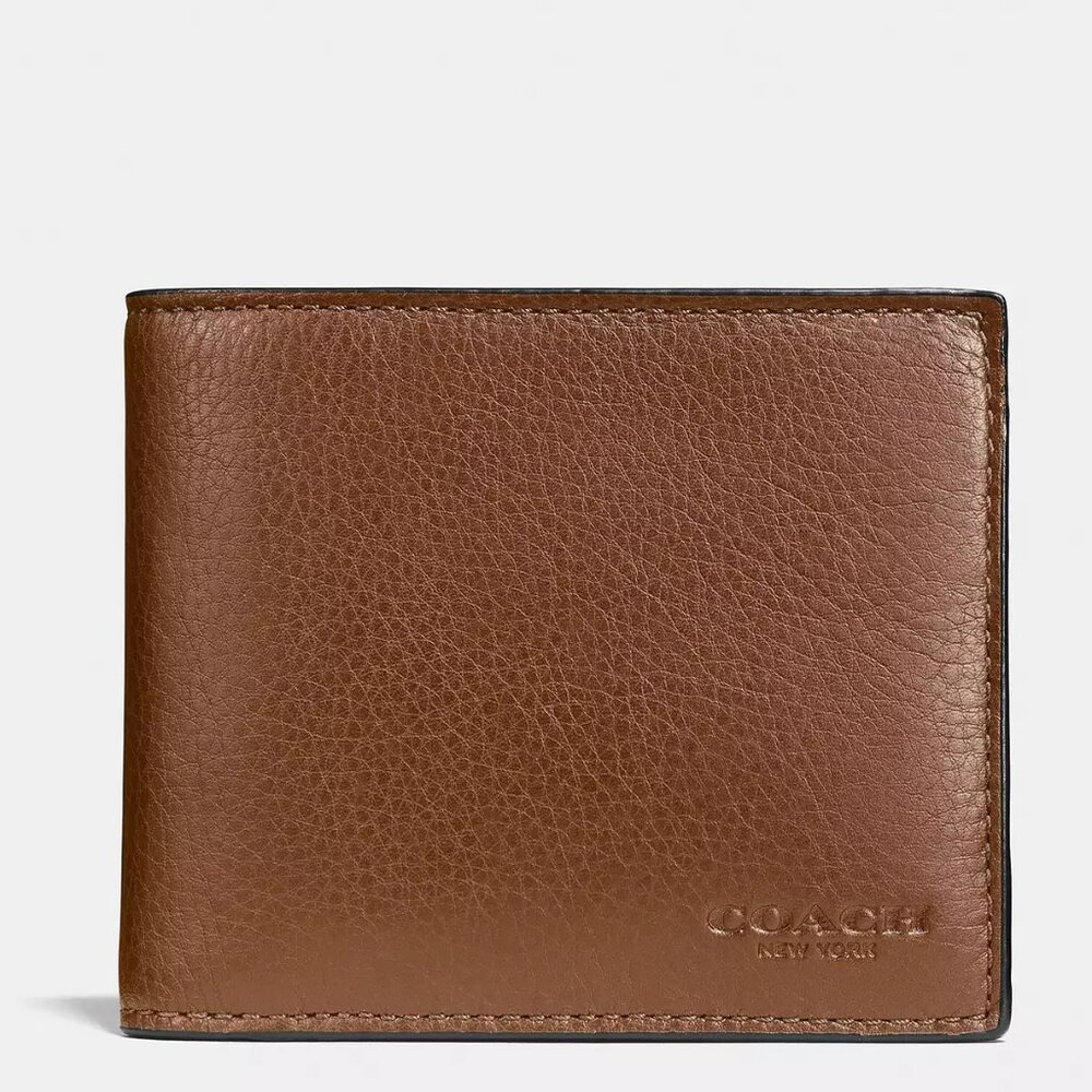 COACH MEN 'S DARK SADDLE 3 IN 1 COMPACT ID LEATHER WALLET #74991 NWT